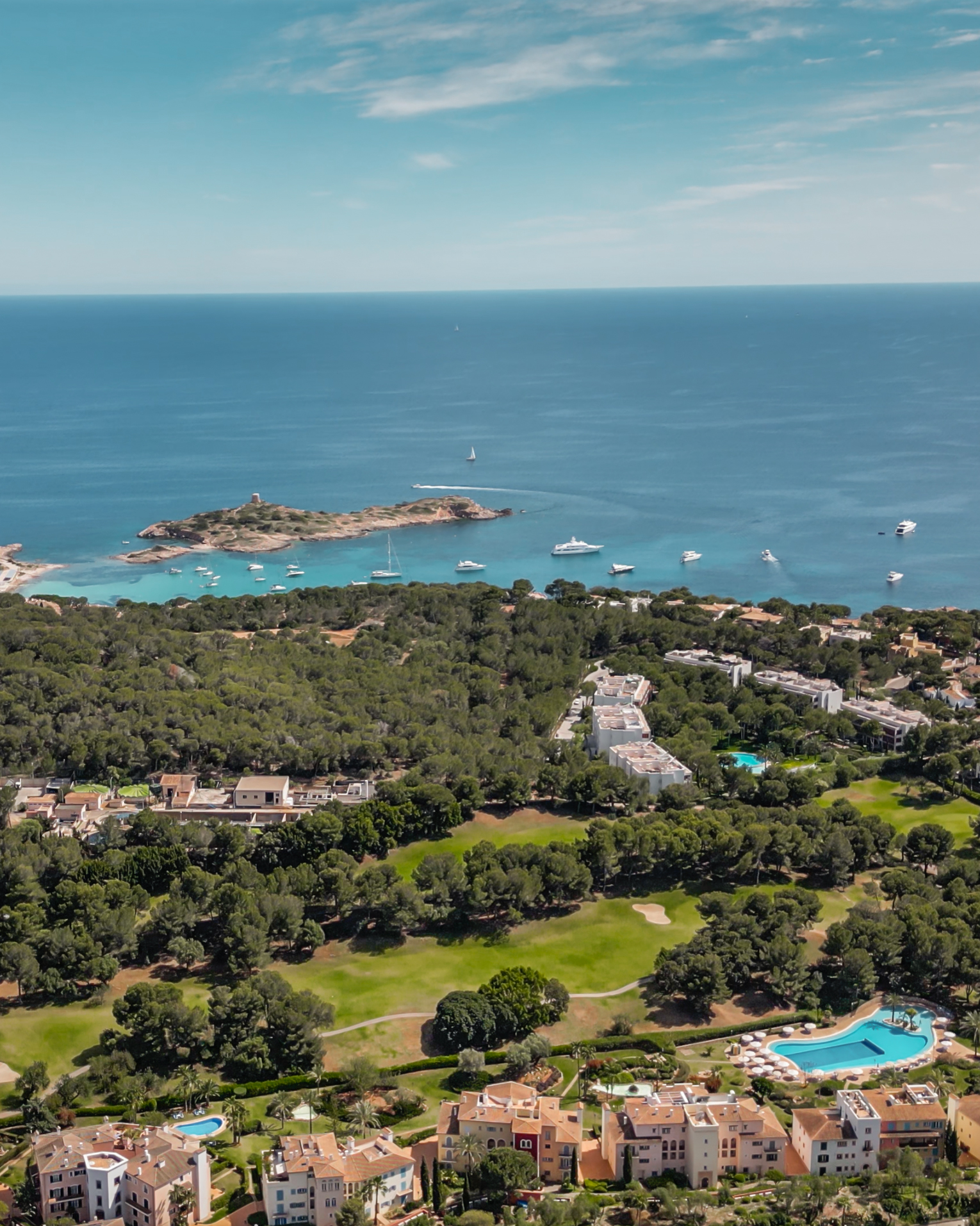 Elevated view of luxury villas integrated into the forested hillside of the Son Vida